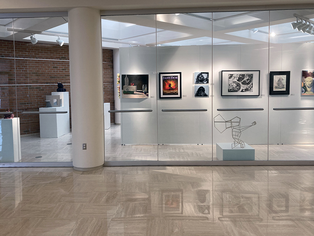 Front wall of 17th Annual Art Student exhibition with various artists work